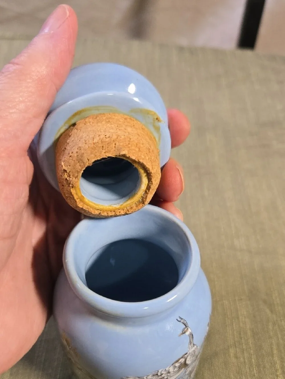 Blue Ceramic Vase with Hand-Painted Peacock